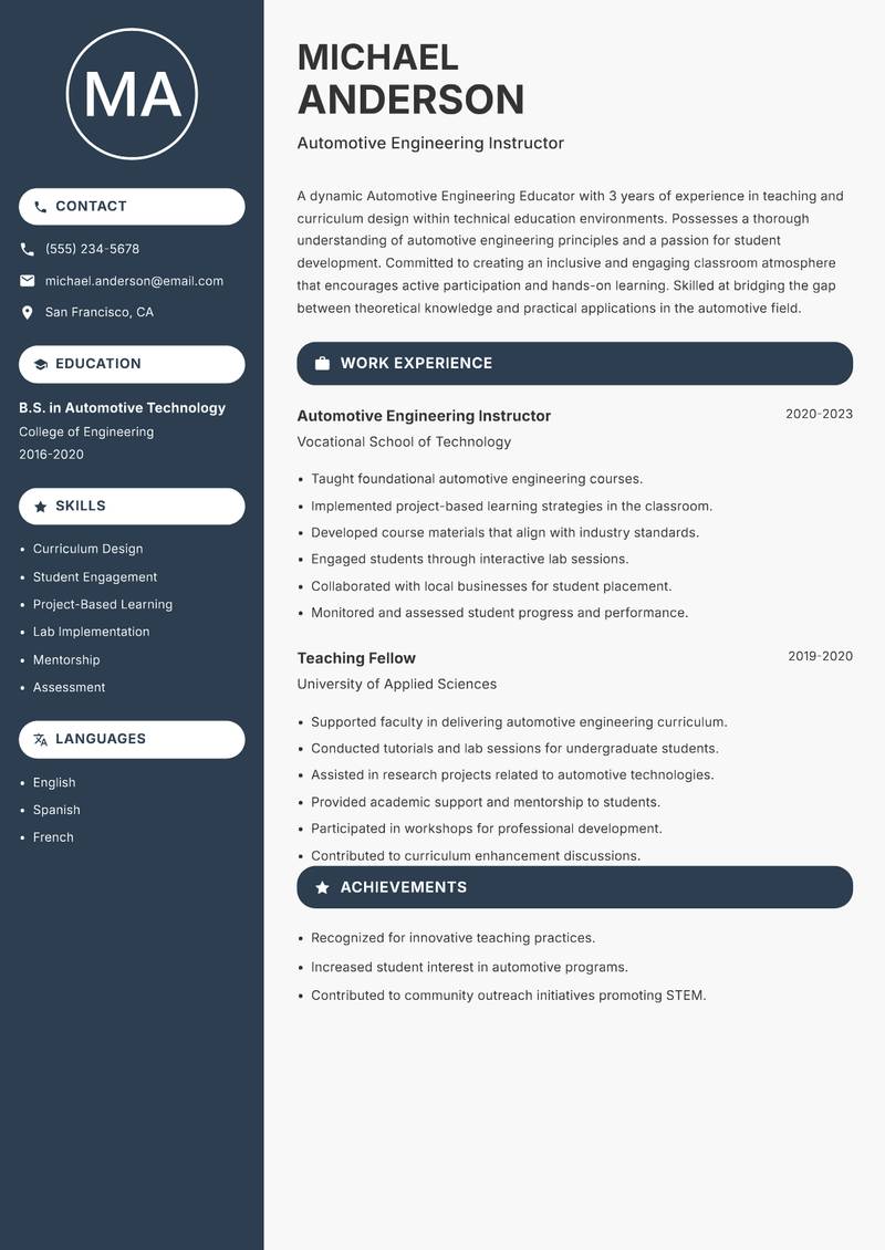 Automotive Engineering Educator Resume Preview Example