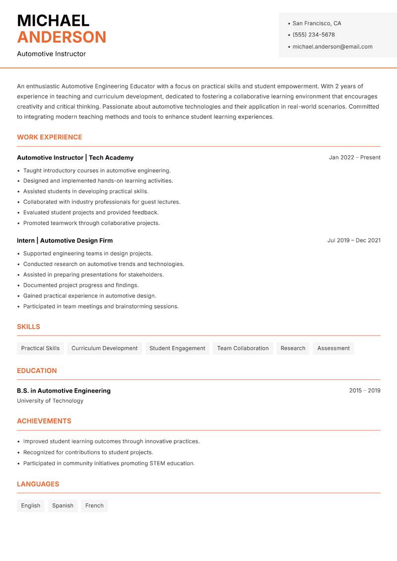 Automotive Engineering Educator Resume Template