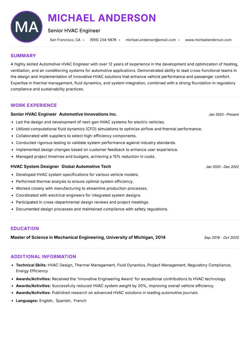 Automotive HVAC Engineer Resume Preview Example