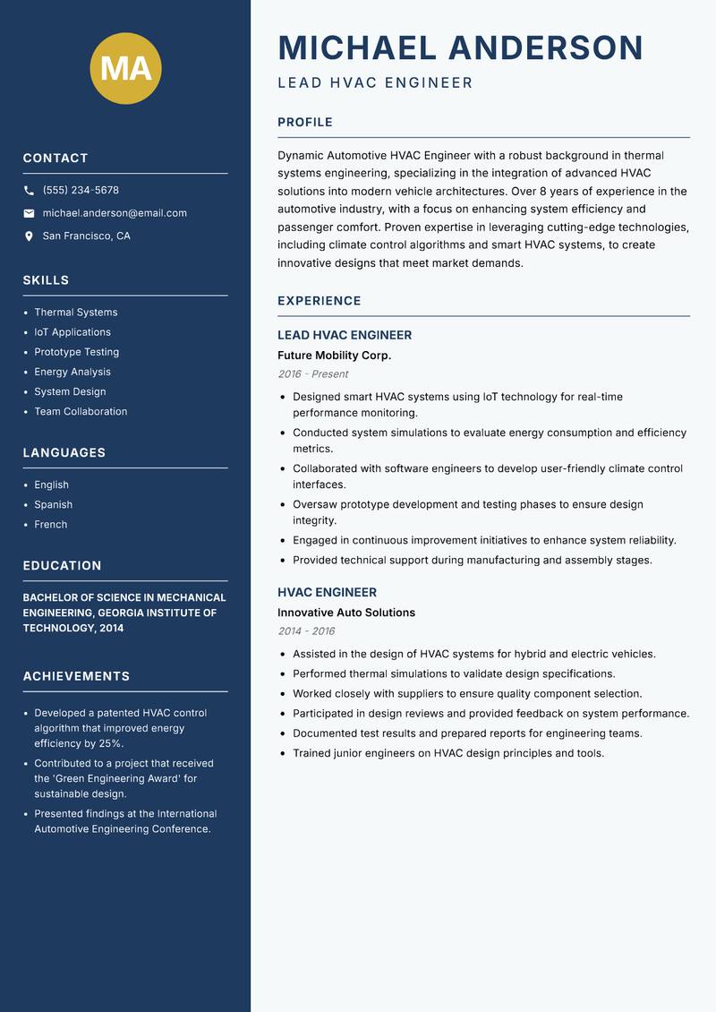 Automotive HVAC Engineer Resume Preview Example