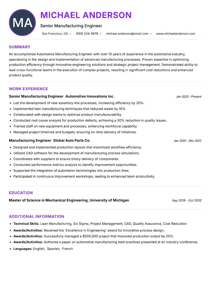 Automotive Manufacturing Engineer Resume Preview Example