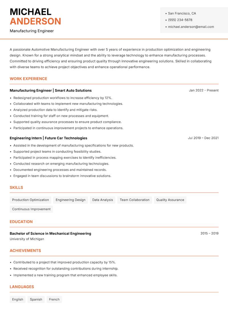 Automotive Manufacturing Engineer Resume Template