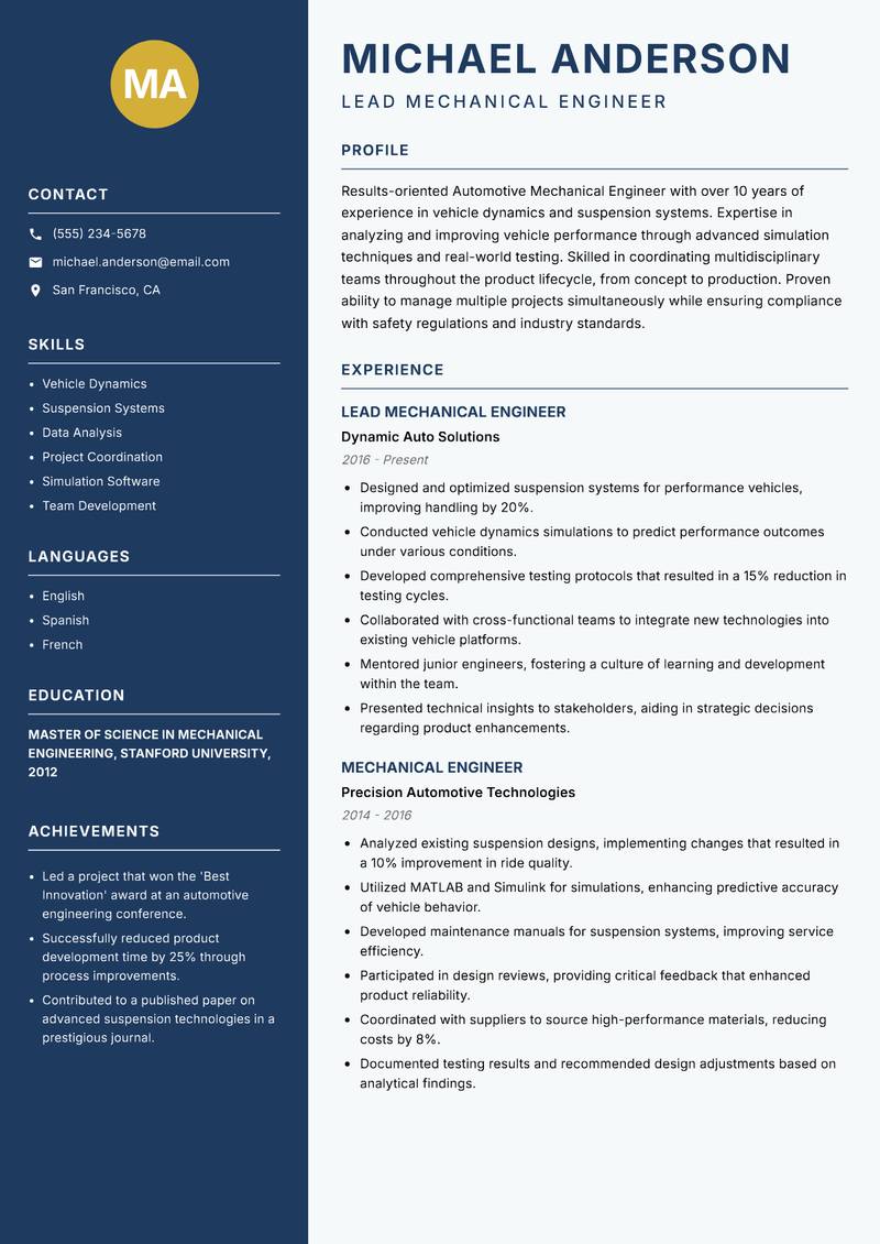 Automotive Mechanical Engineer Resume Preview Example