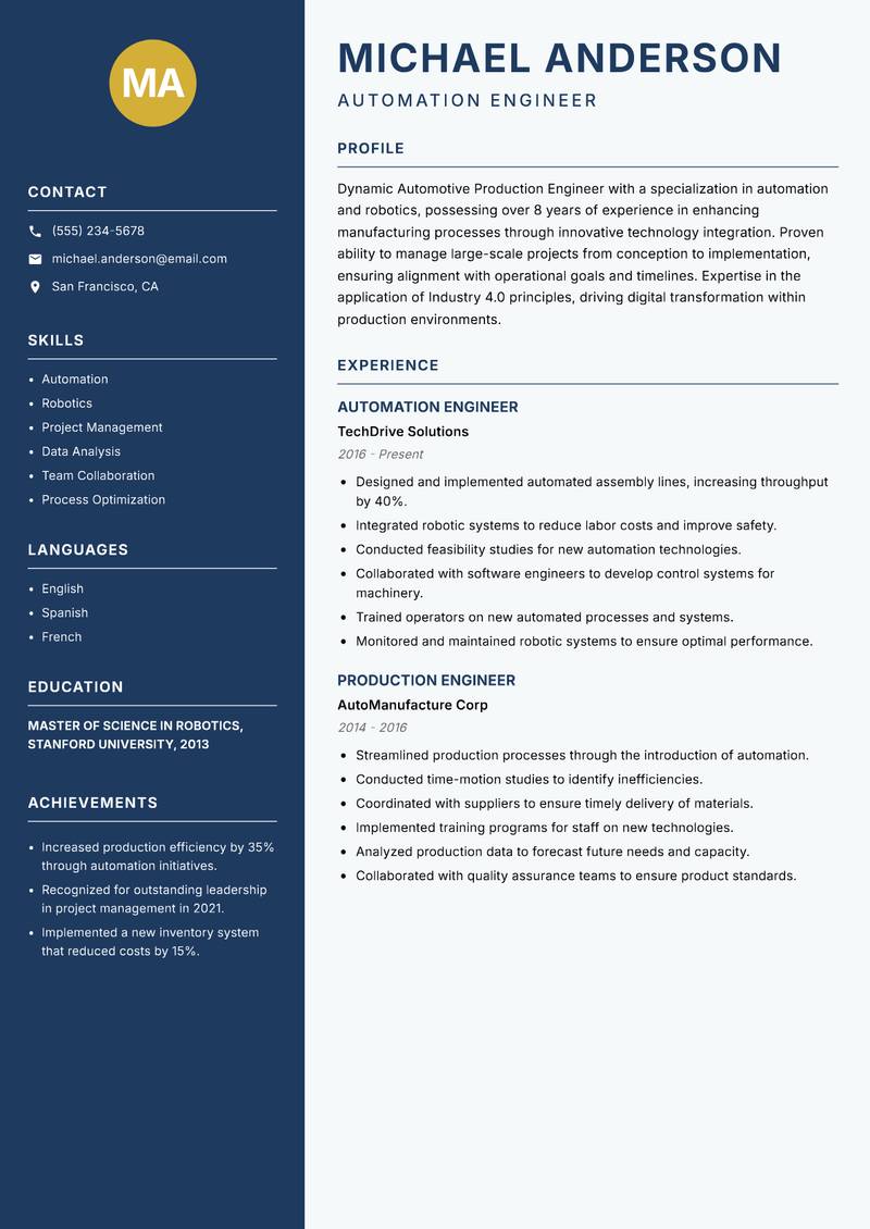 Automotive Production Engineer Resume Preview Example