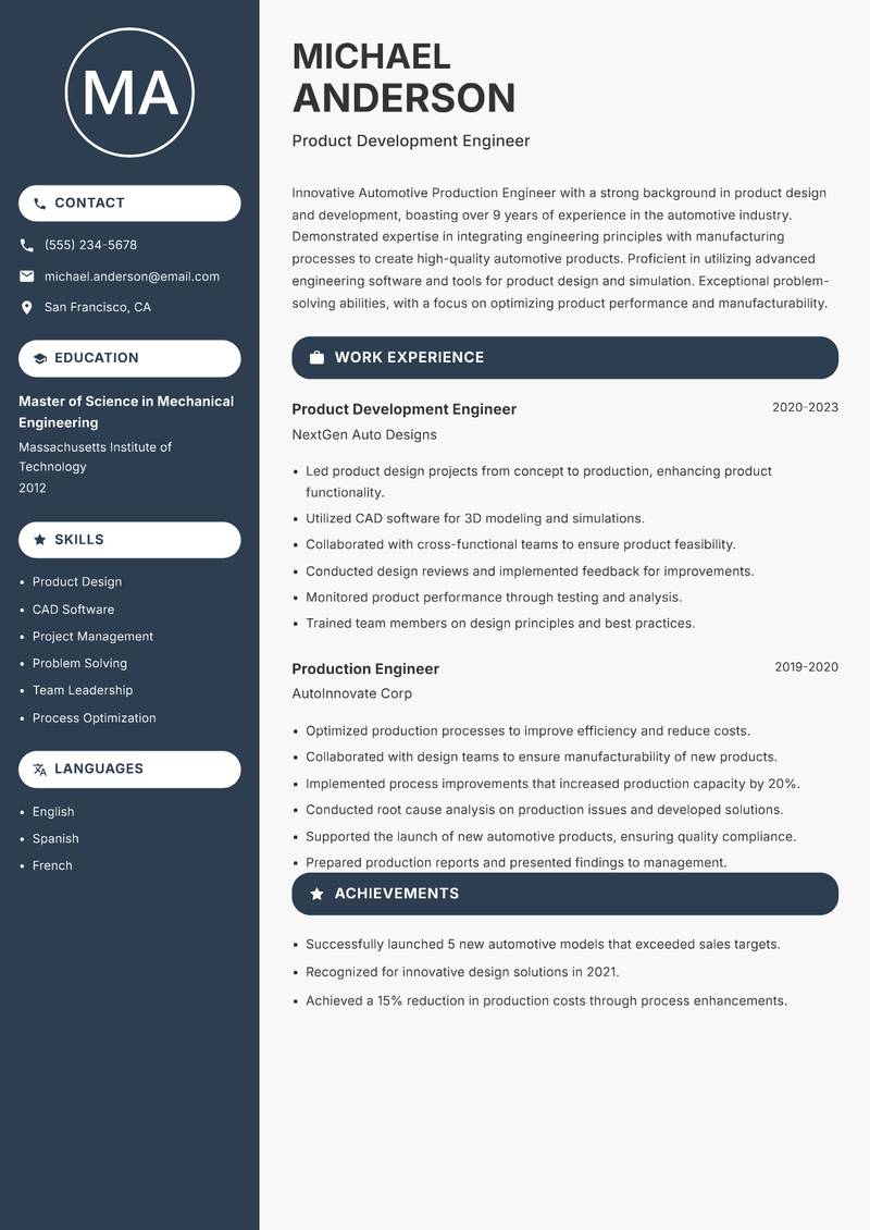 Automotive Production Engineer Resume Preview Example