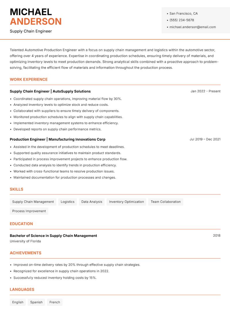 Automotive Production Engineer Resume Template