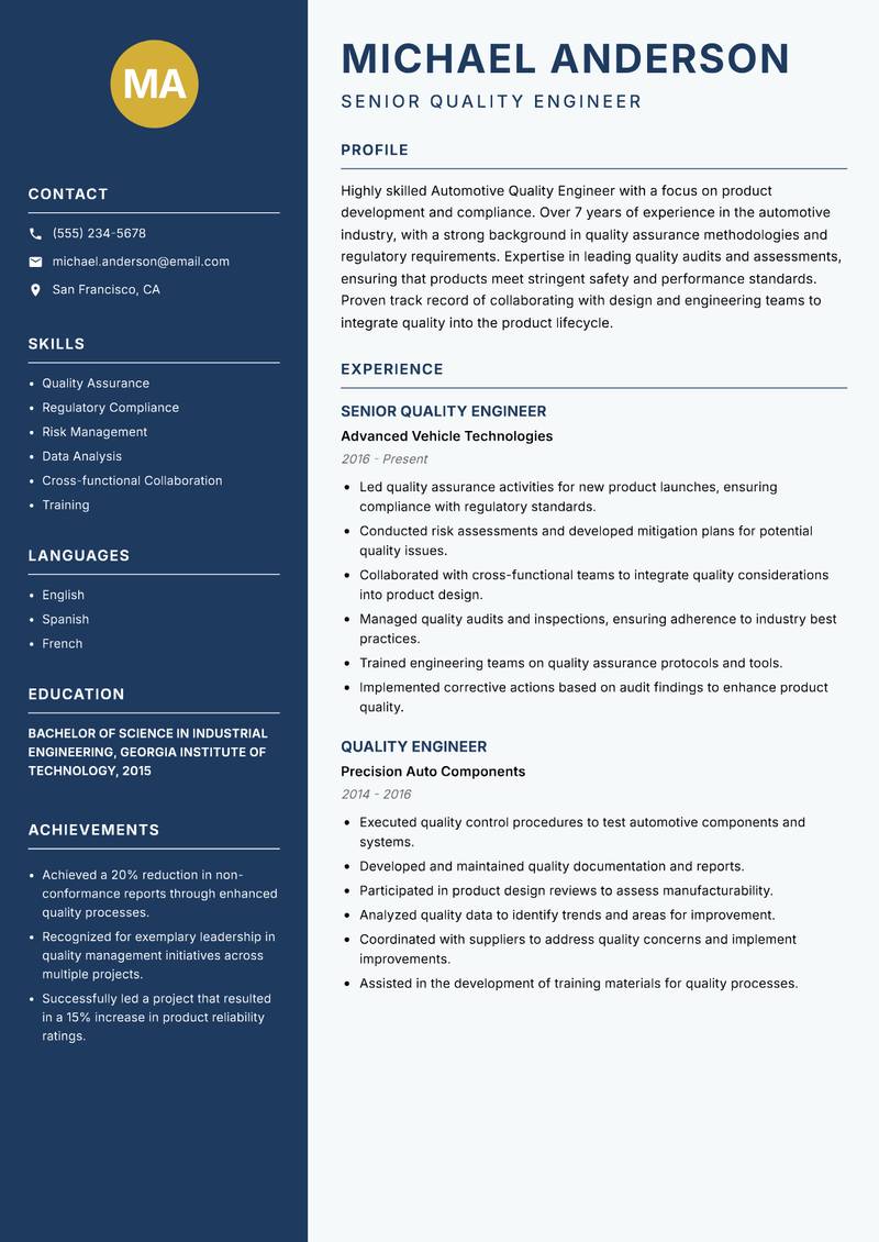 Automotive Quality Engineer Resume Preview Example