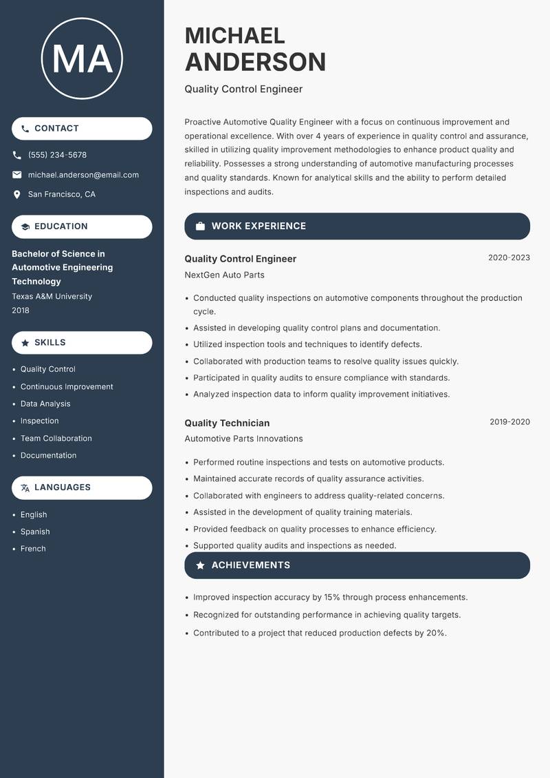 Automotive Quality Engineer Resume Preview Example