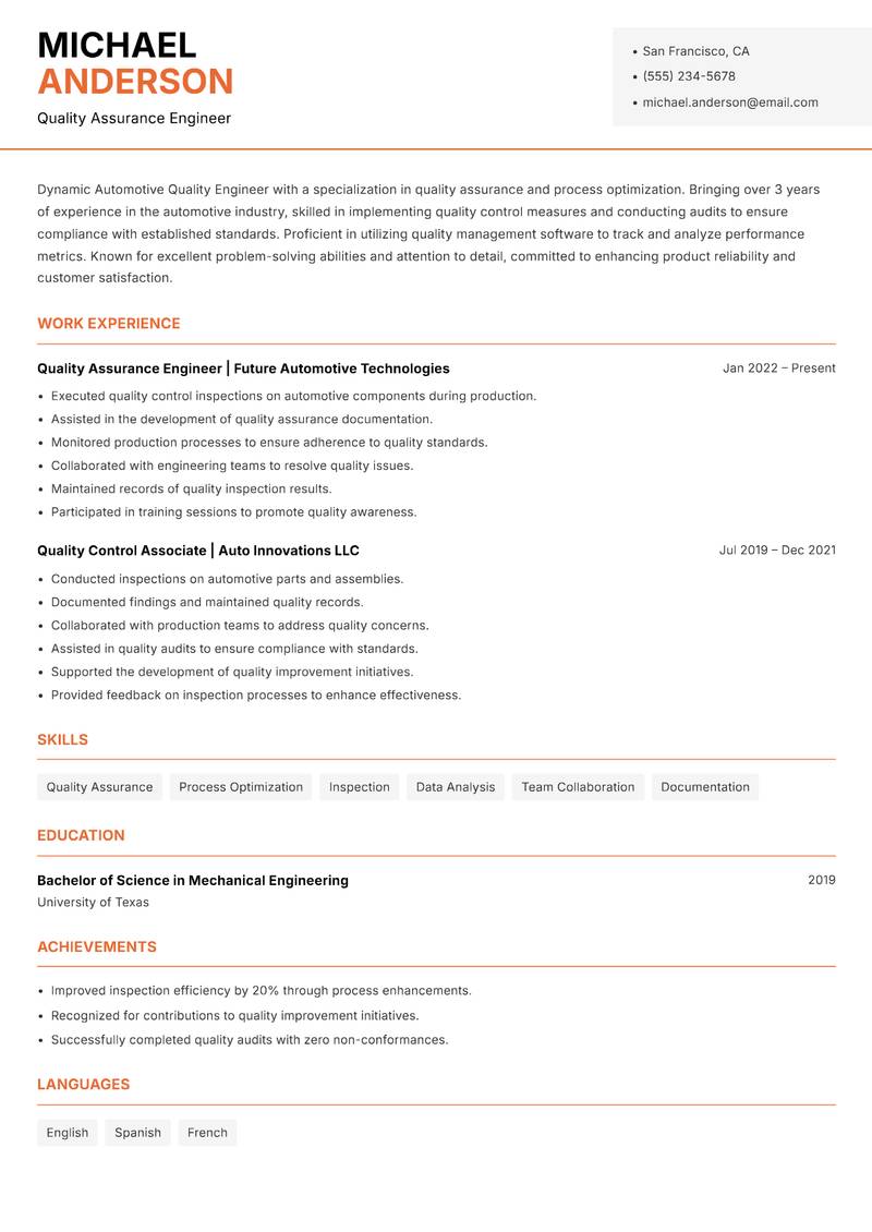 Automotive Quality Engineer Resume Template