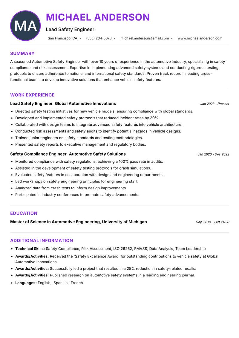 Automotive Safety Engineer Resume Preview Example