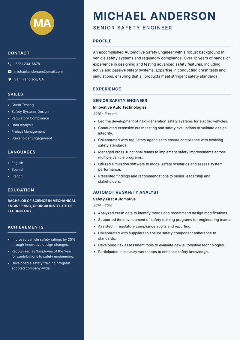 Automotive Safety Engineer Resume Preview Example