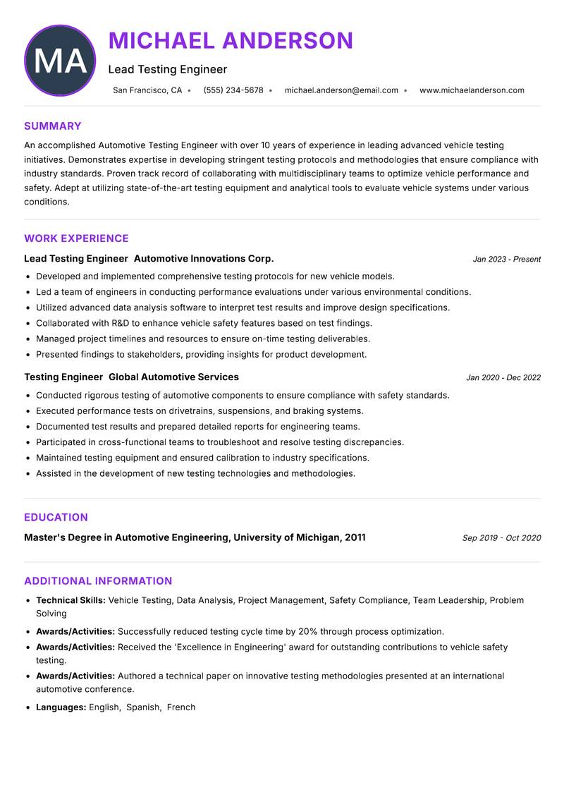 Automotive Testing Engineer Resume Preview Example