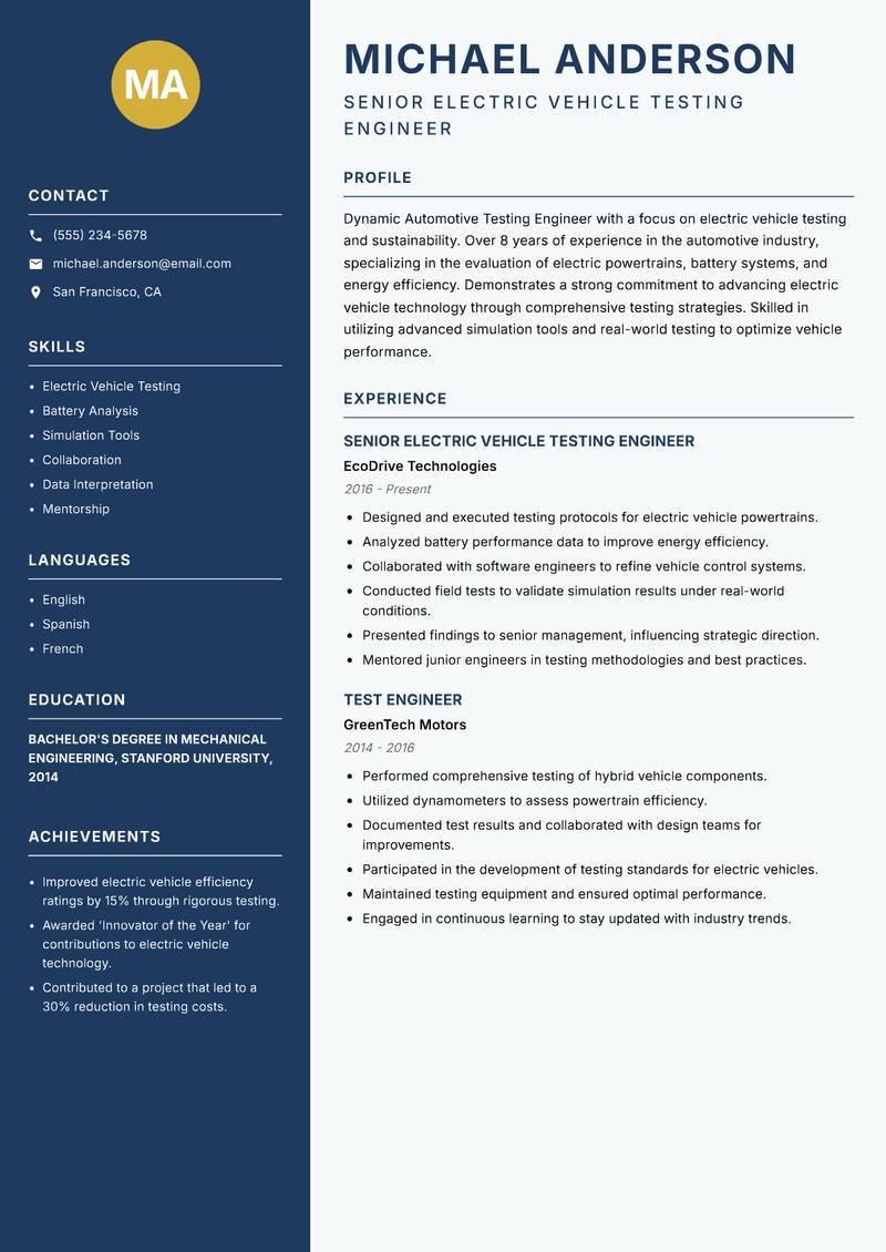 Automotive Testing Engineer Resume Preview Example