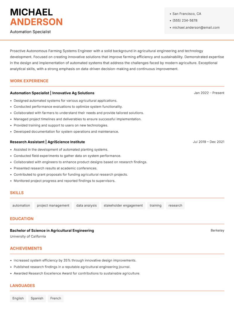 Autonomous Farming Systems Engineer Resume Template