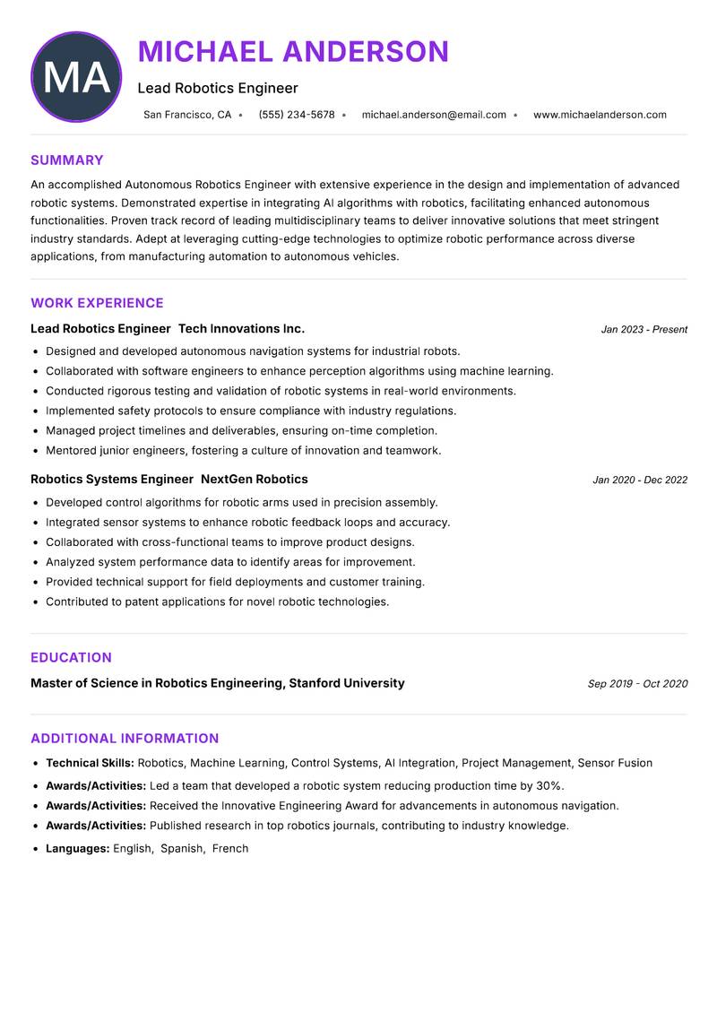 Autonomous Robotics Engineer Resume Preview Example