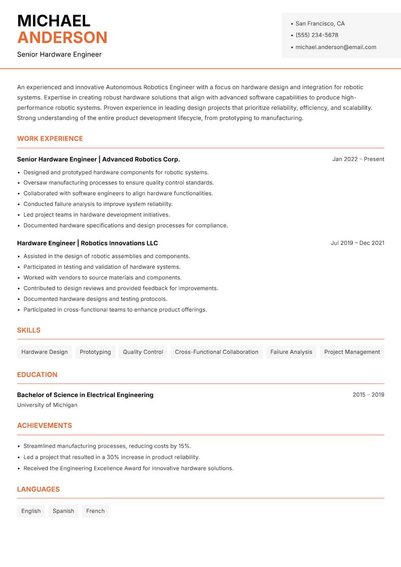 Autonomous Robotics Engineer Resume Template