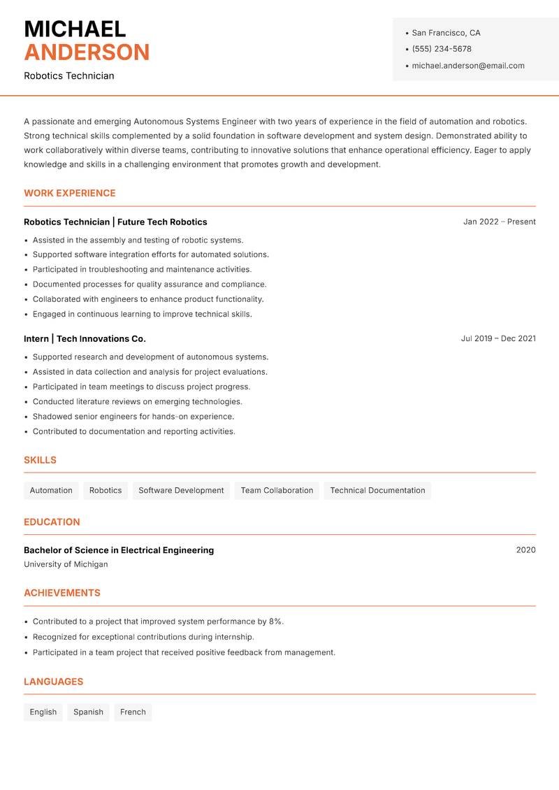 Autonomous Systems Engineer Resume Template