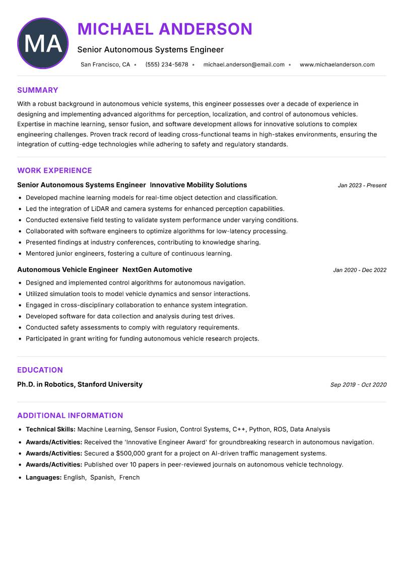 Autonomous Vehicle Engineer Resume Preview Example