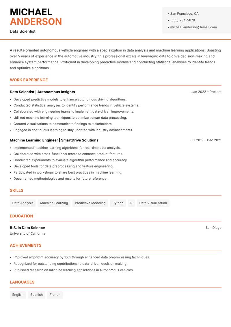 Autonomous Vehicle Engineer Resume Template