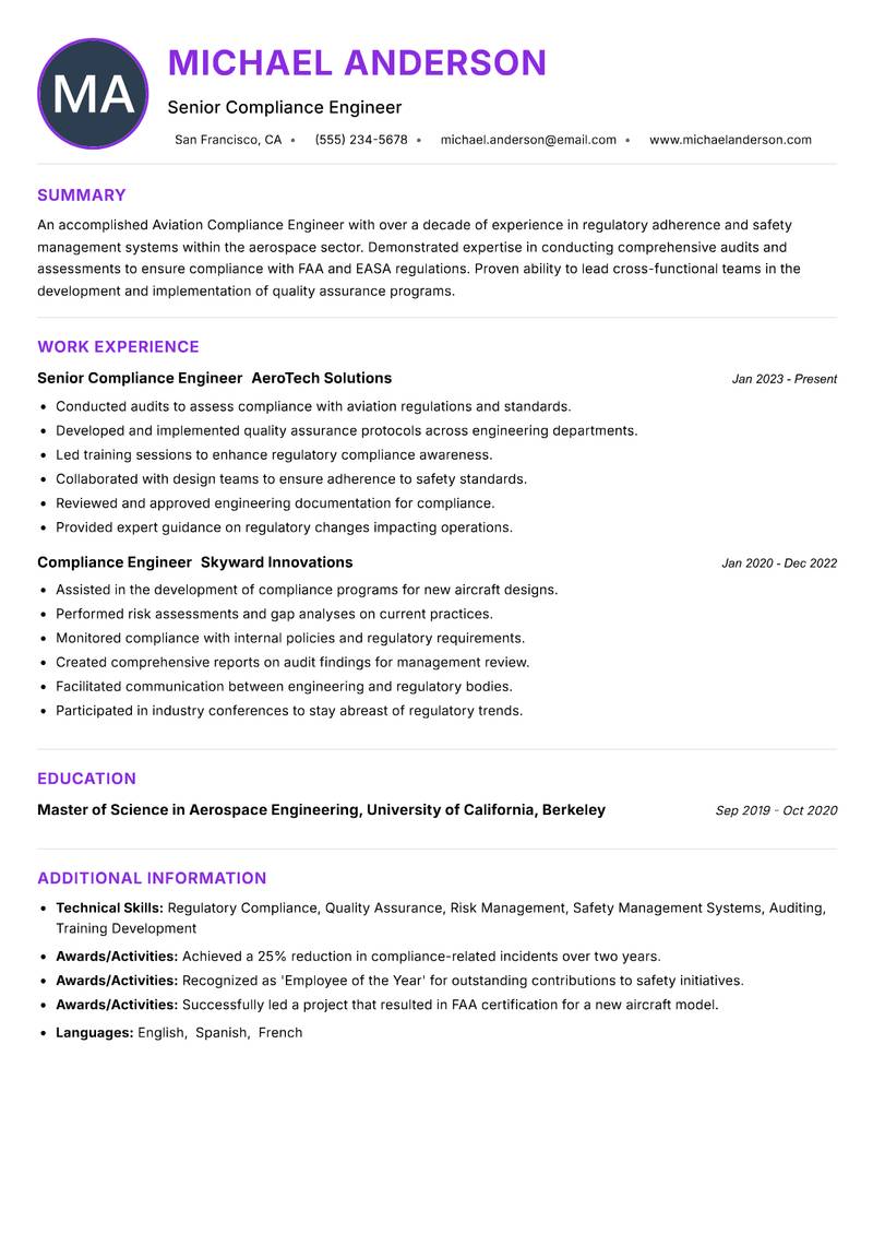 Aviation Compliance Engineer Resume Preview Example