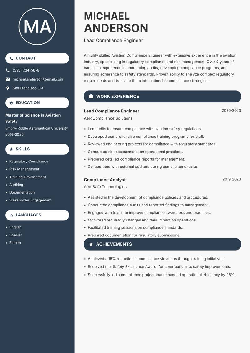 Aviation Compliance Engineer Resume Preview Example