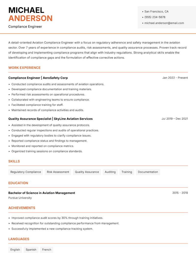 Aviation Compliance Engineer Resume Template