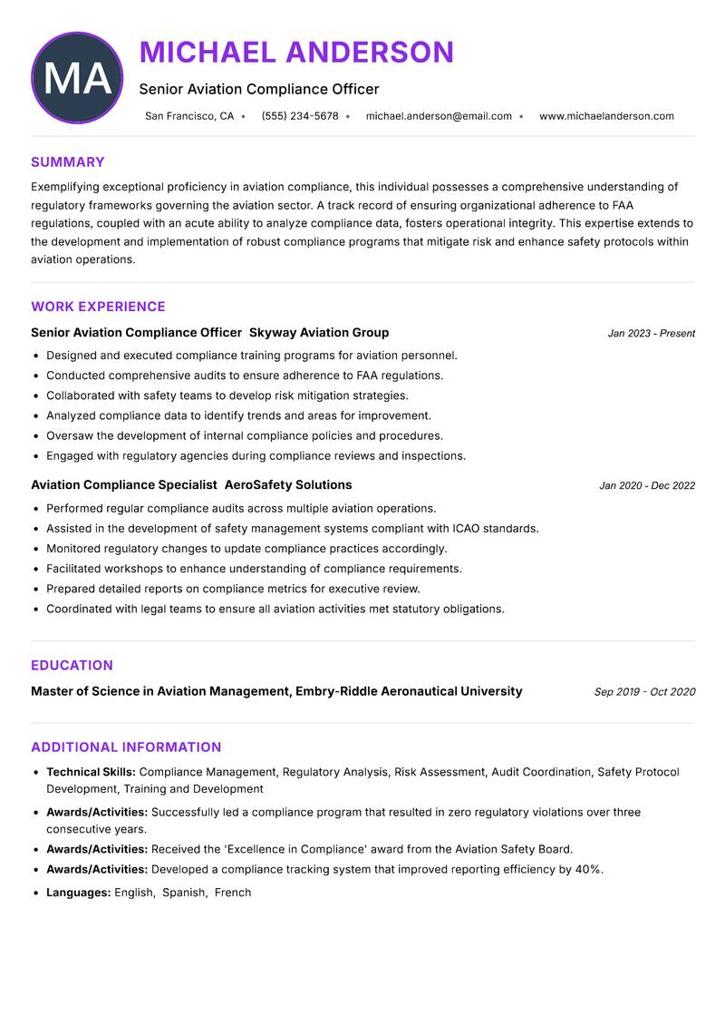 Aviation Compliance Officer Resume Preview Example