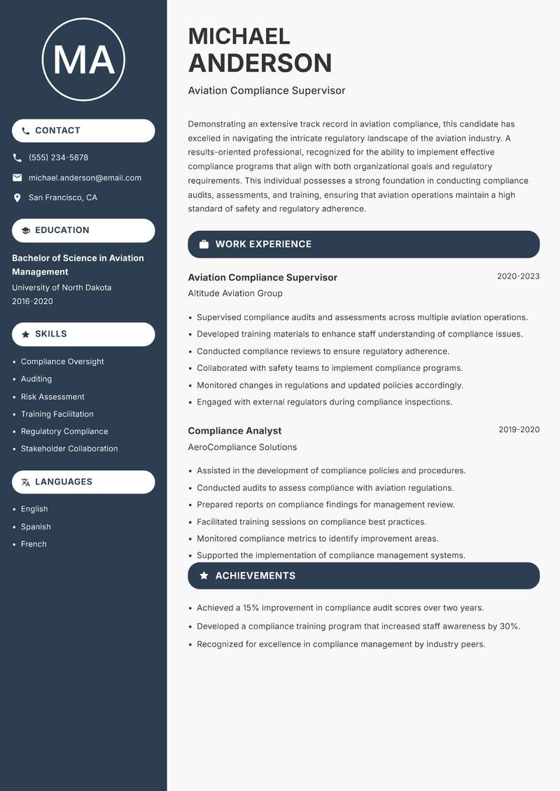 Aviation Compliance Officer Resume Preview Example