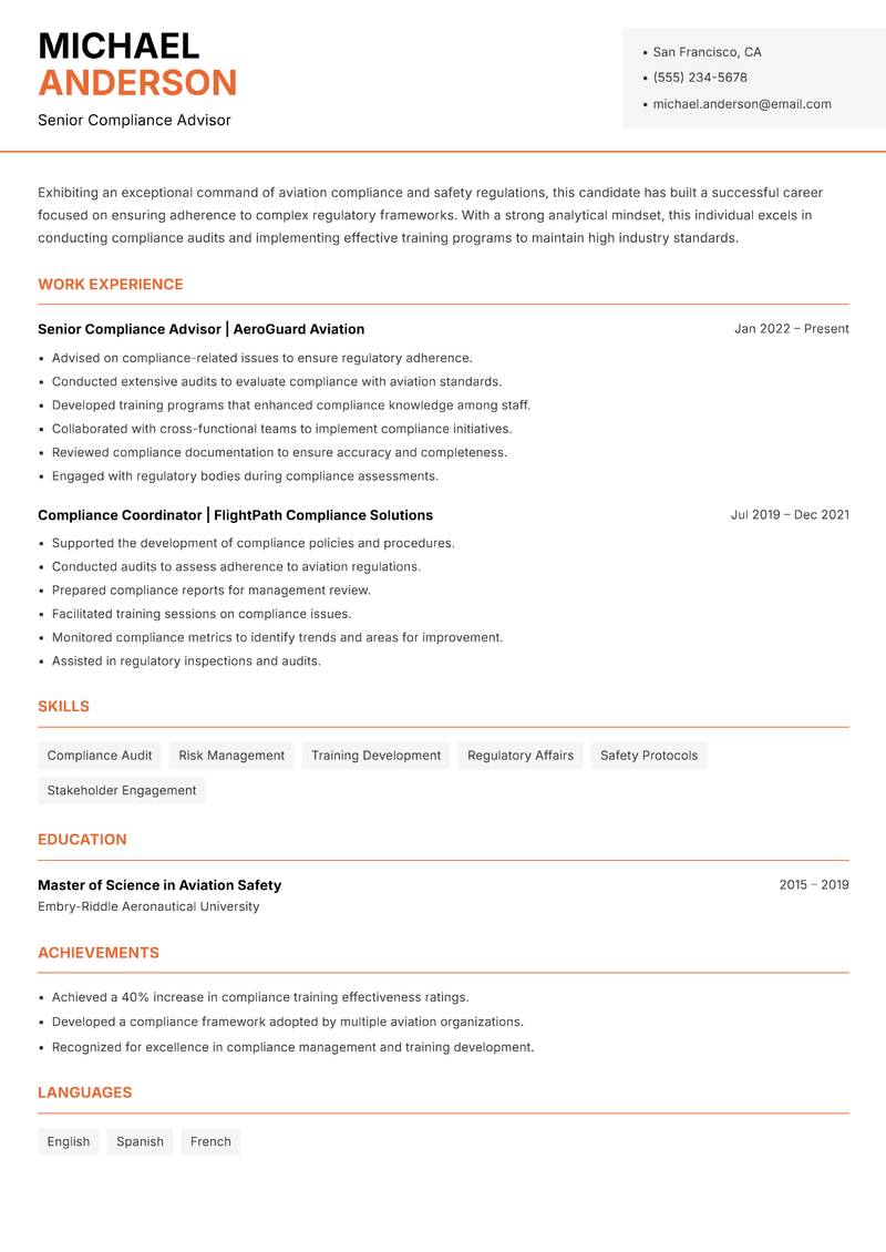 Aviation Compliance Officer Resume Template