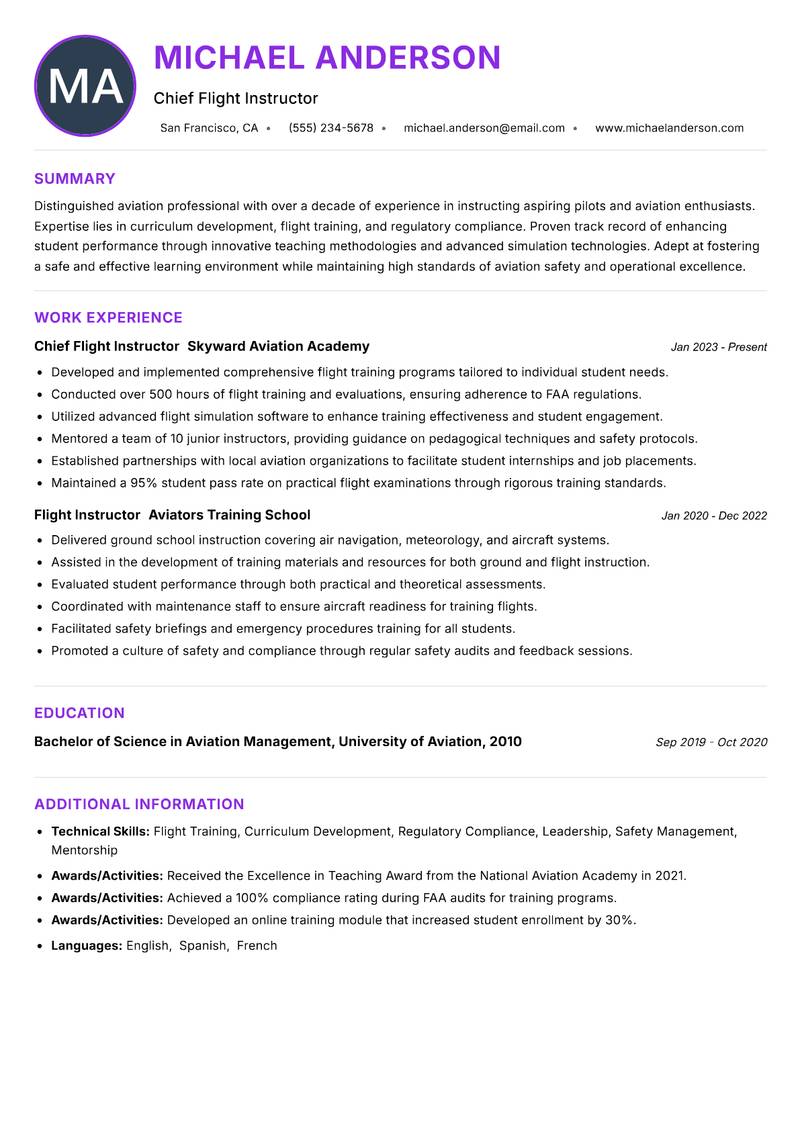 Aviation Instructor Resume Preview Example