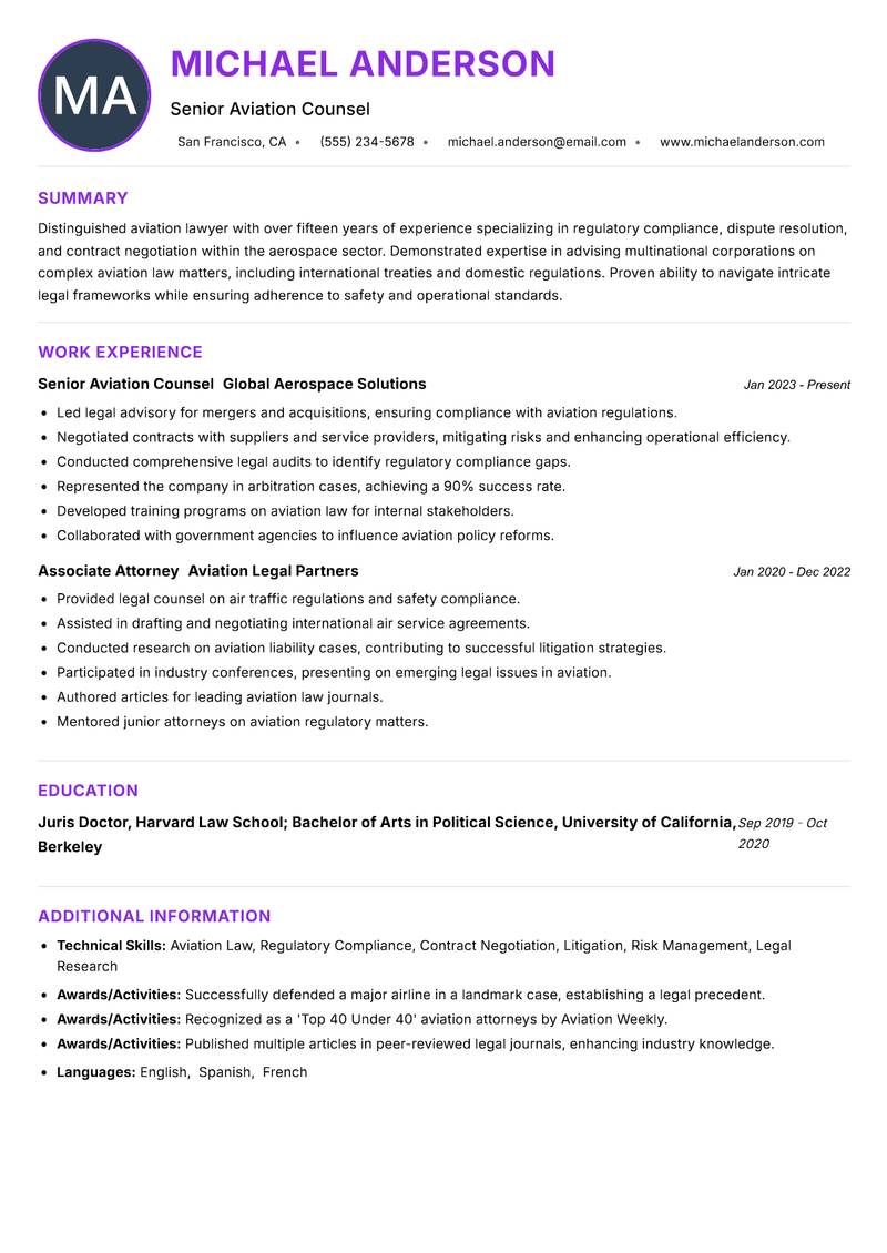 Aviation Lawyer Resume Preview Example