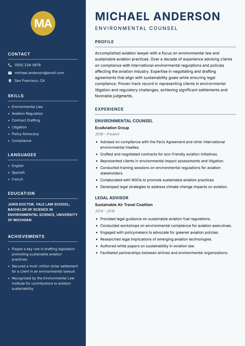 Aviation Lawyer Resume Preview Example