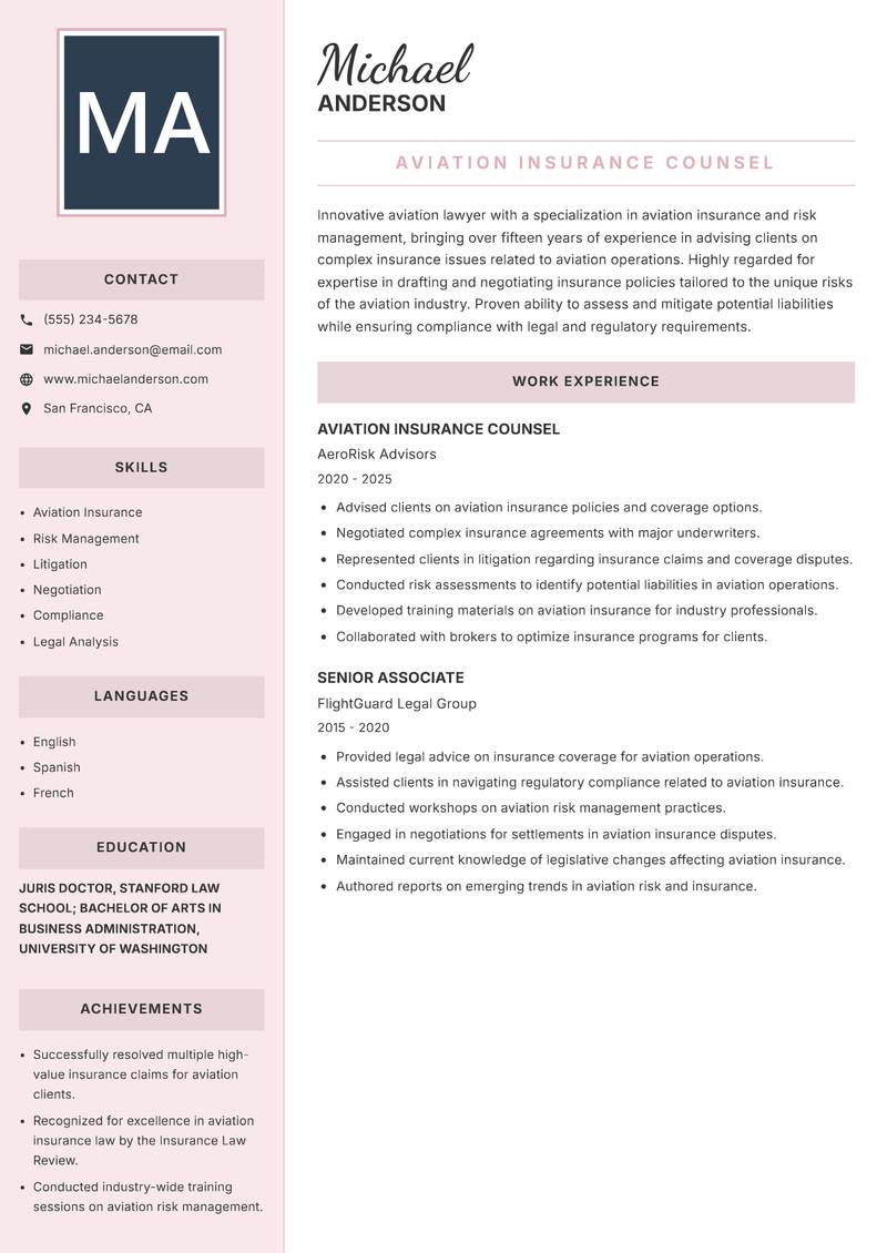 Aviation Lawyer Resume Preview Example