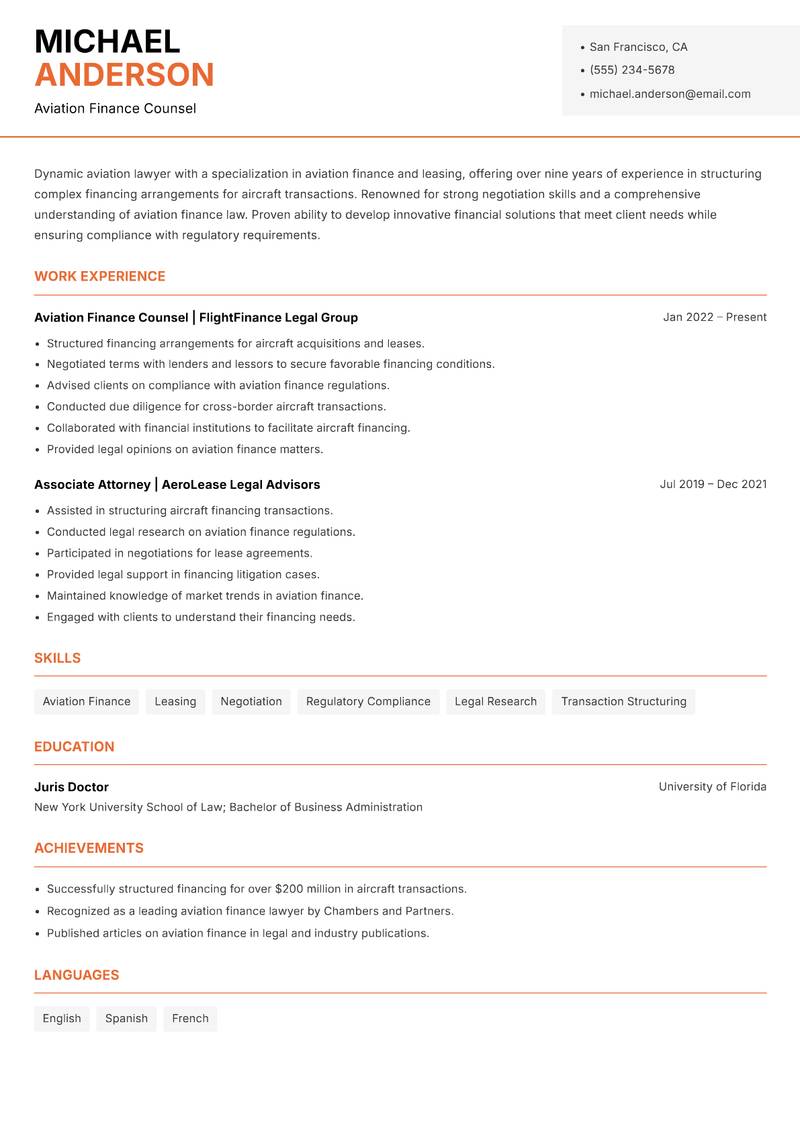 Aviation Lawyer Resume Template