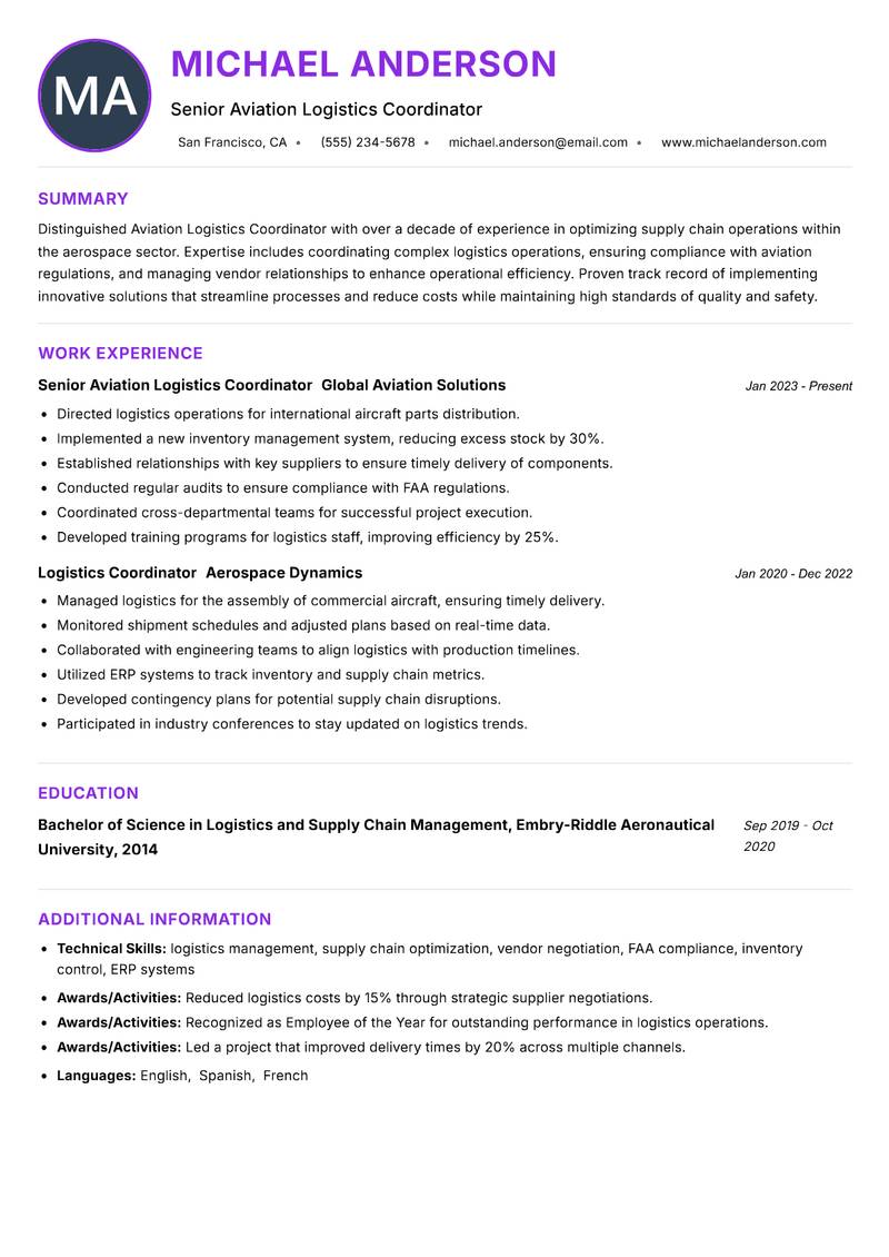 Aviation Logistics Coordinator Resume Preview Example