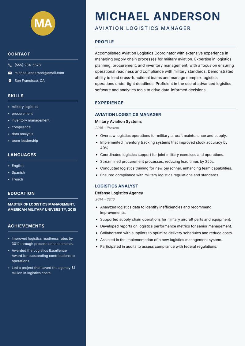 Aviation Logistics Coordinator Resume Preview Example