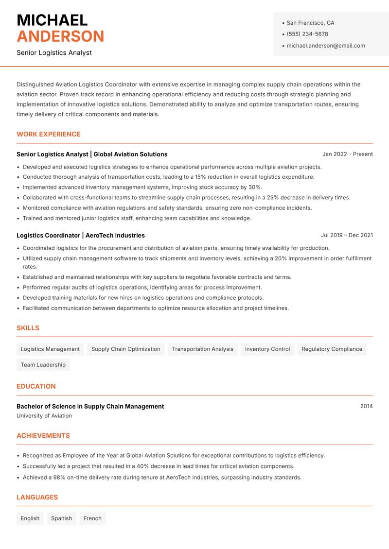 Aviation Logistics Coordinator Resume Template
