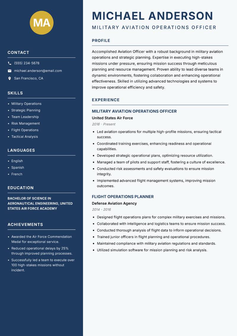 Aviation Officer Resume Preview Example