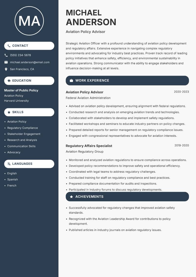 Aviation Officer Resume Preview Example