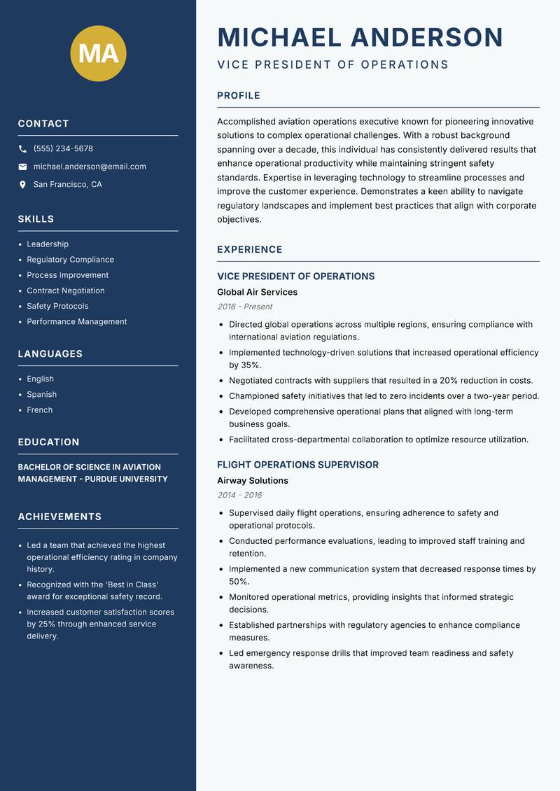 Aviation Operations Executive Resume Preview Example