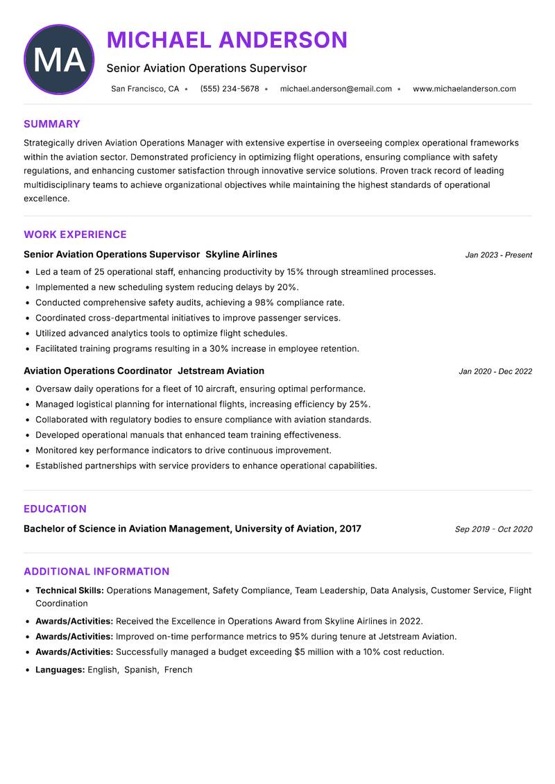 Aviation Operations Manager Resume Preview Example