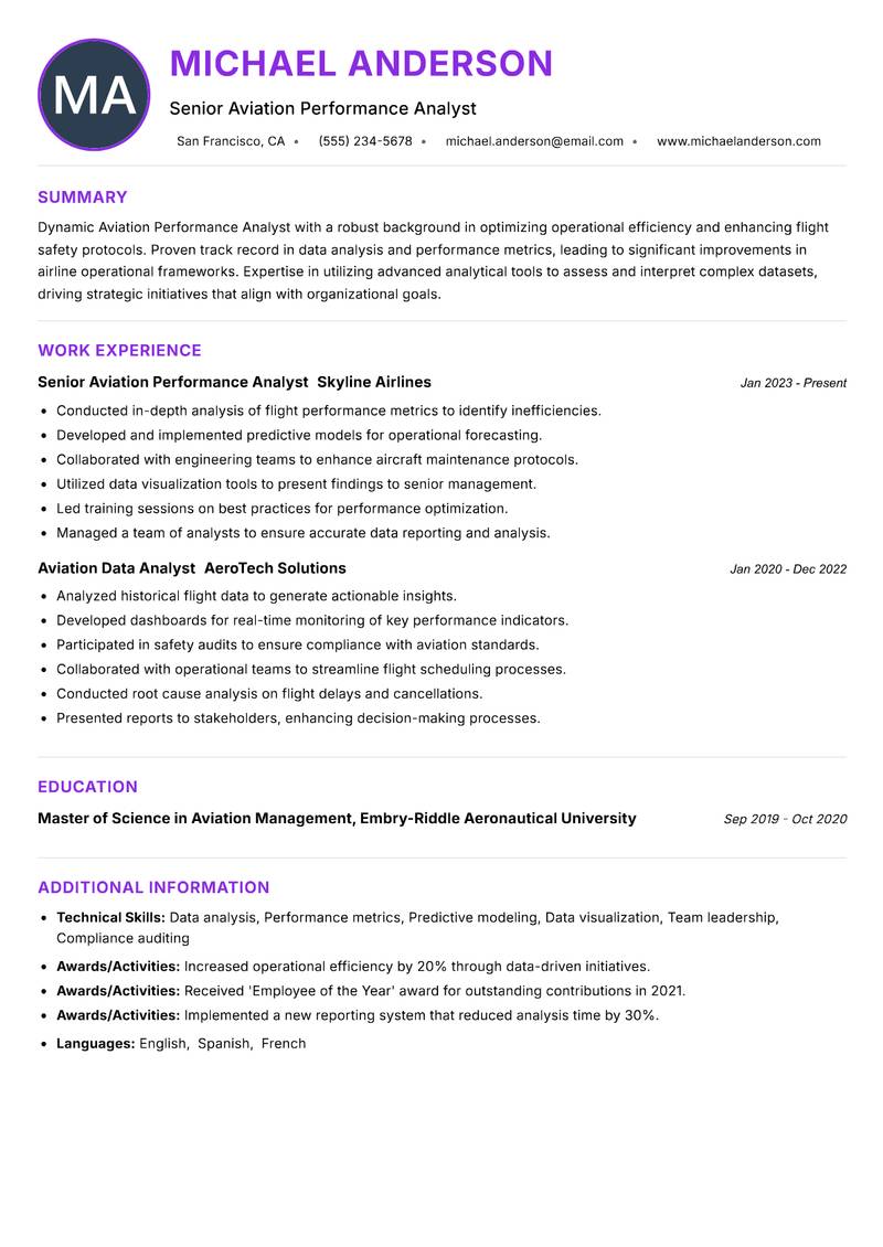 Aviation Performance Analyst Resume Preview Example