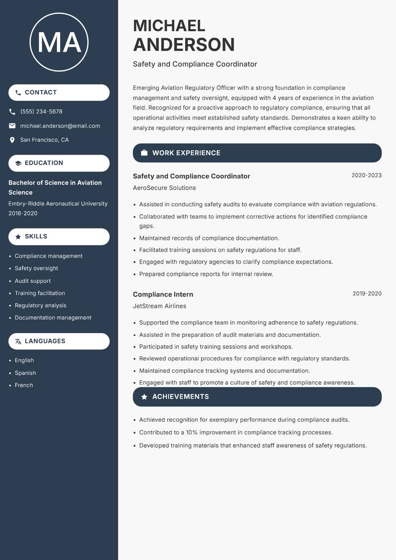 Aviation Regulatory Officer Resume Preview Example