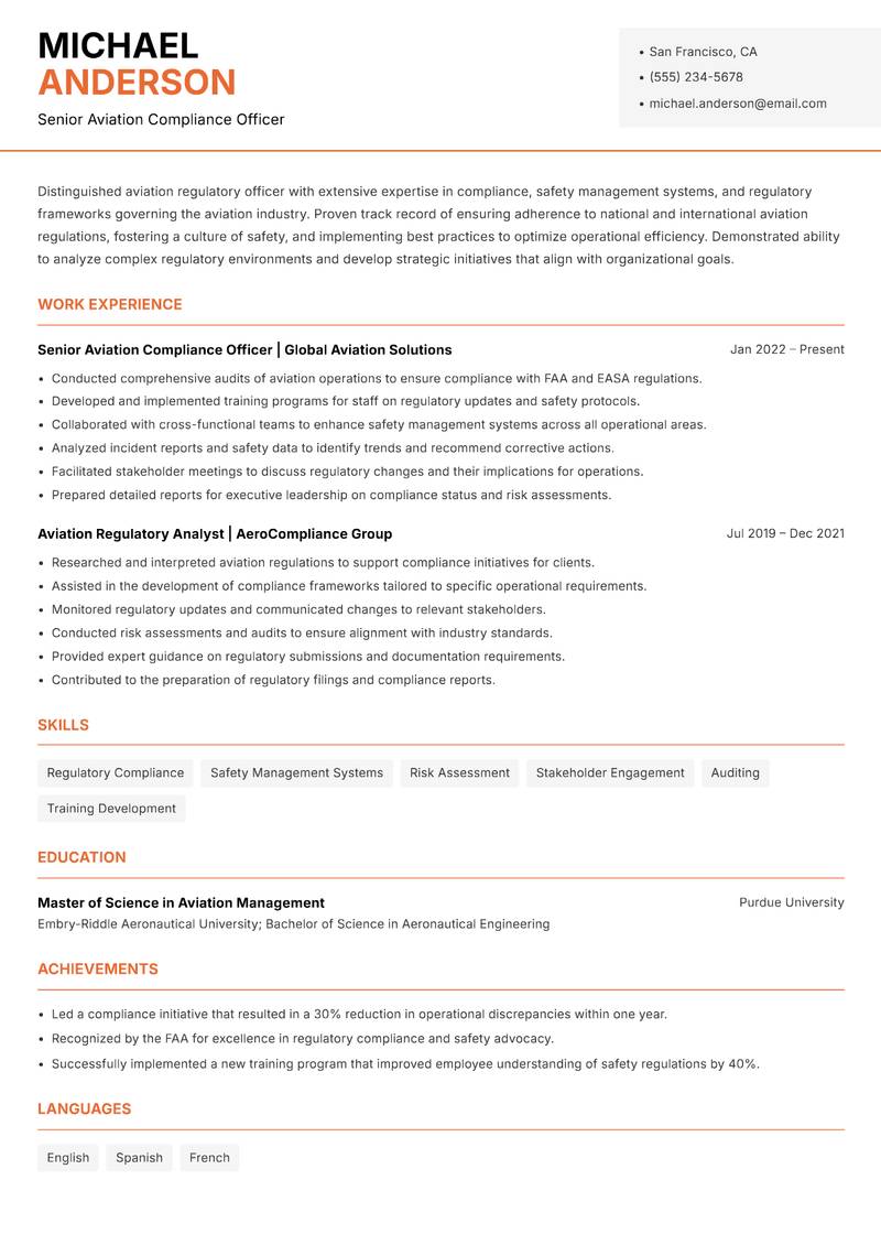 Aviation Regulatory Officer Resume Template