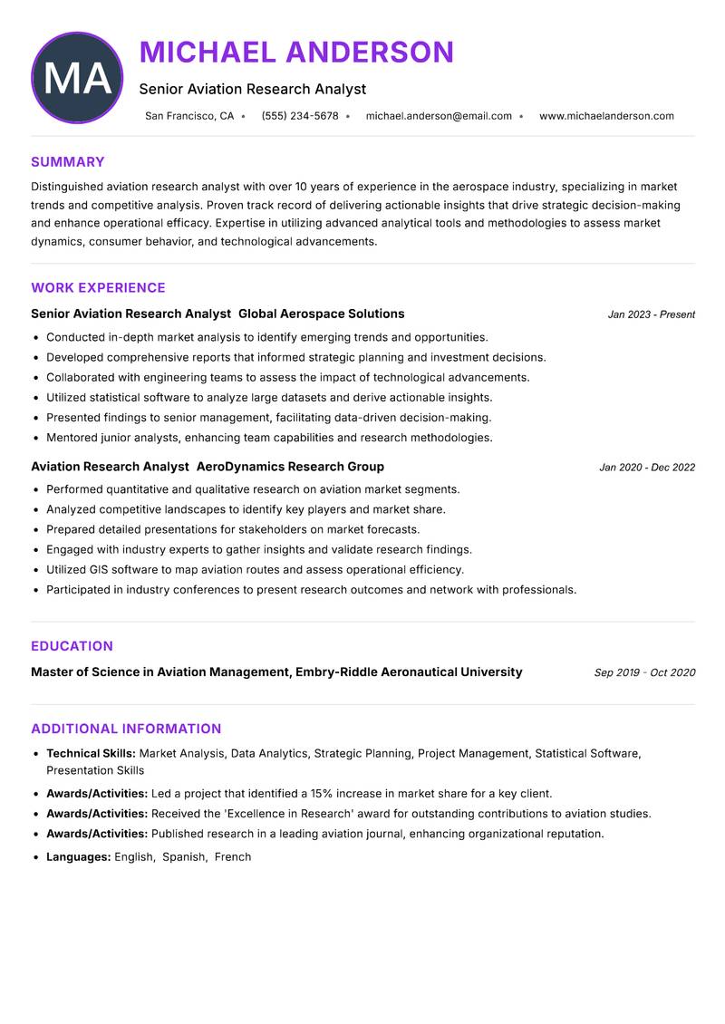 Aviation Research Analyst Resume Preview Example