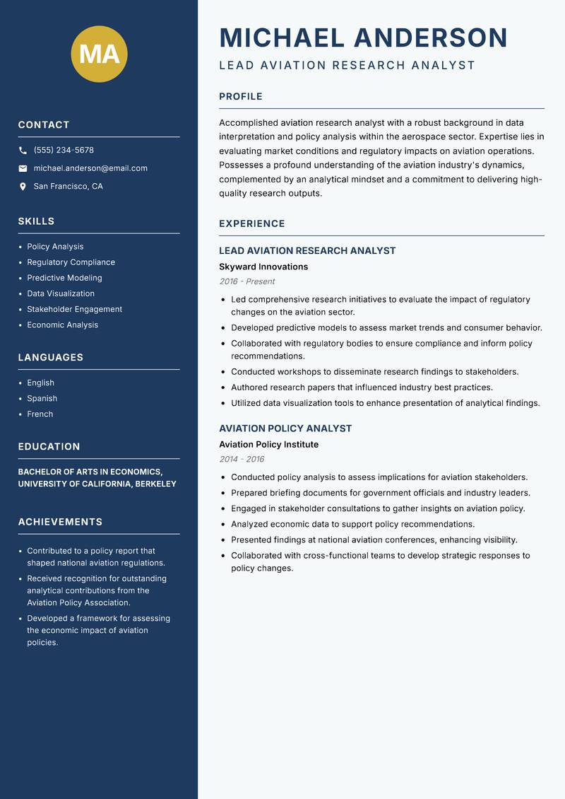 Aviation Research Analyst Resume Preview Example