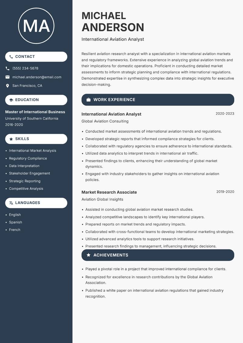 Aviation Research Analyst Resume Preview Example
