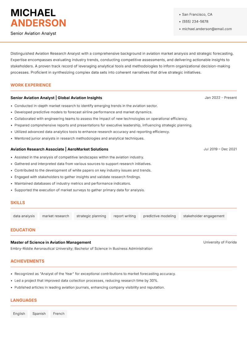 Aviation Research Analyst Resume Template