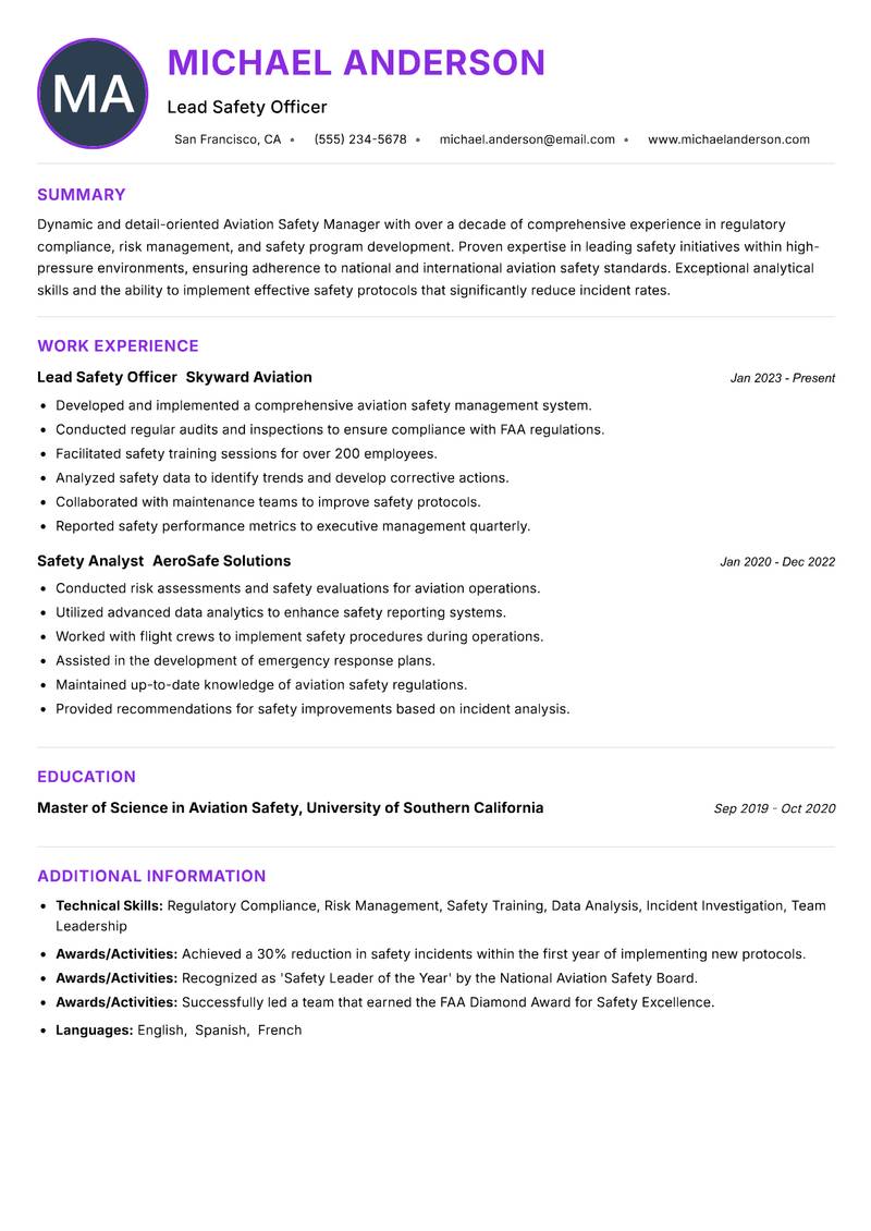 Aviation Safety Manager Resume Preview Example