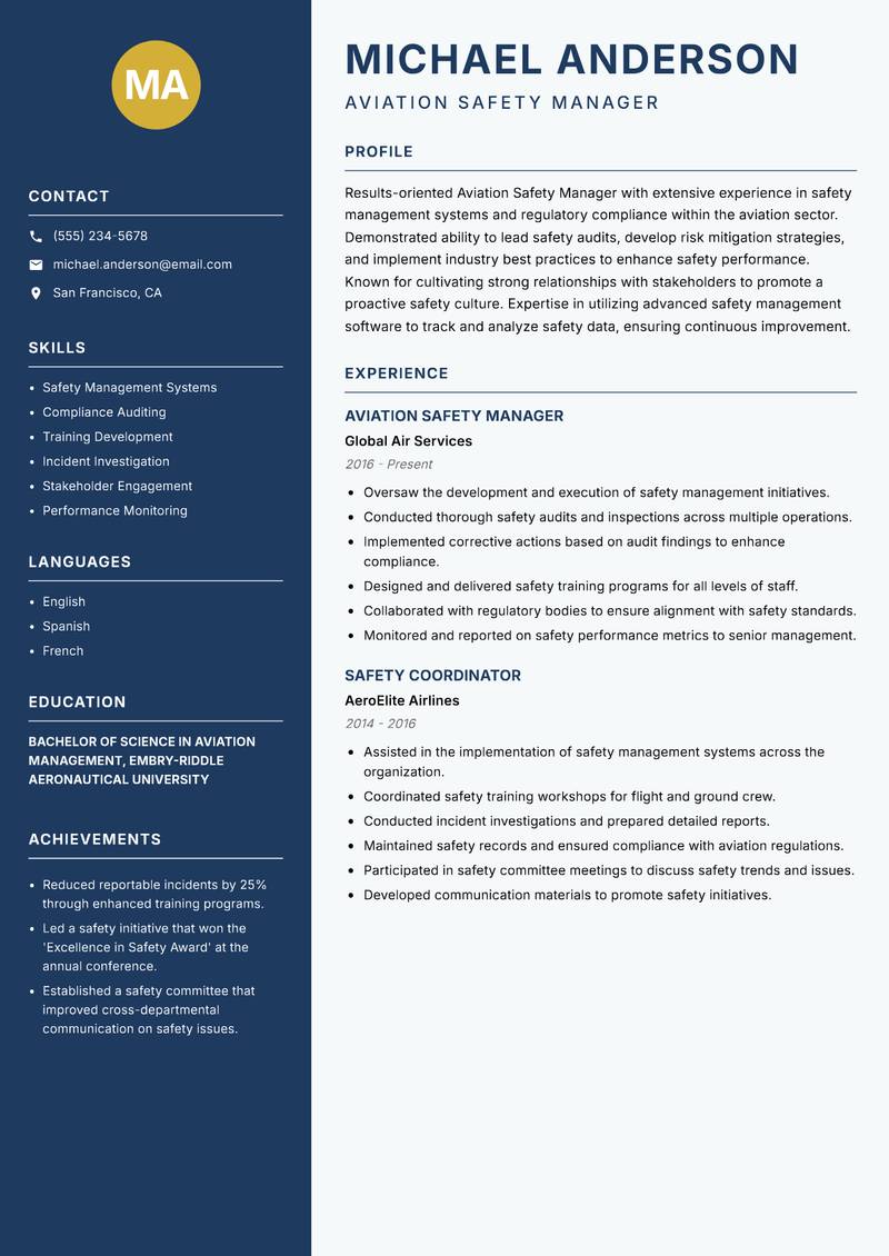 Aviation Safety Manager Resume Preview Example